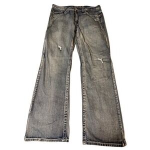 Helix Mens Boot Cut Jeans Light Wash Distressed Embellished Pockets Size 36